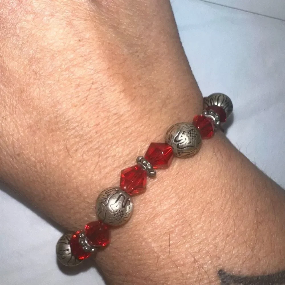 Vintage Boho Silver Tone And Orange Red Faceted Bead Bracelet